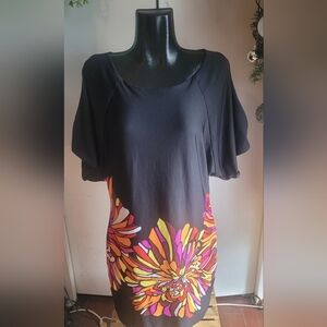 Erin Blair Black Floral Print Abstract Shift Dress With Cold Shoulder Detail XL